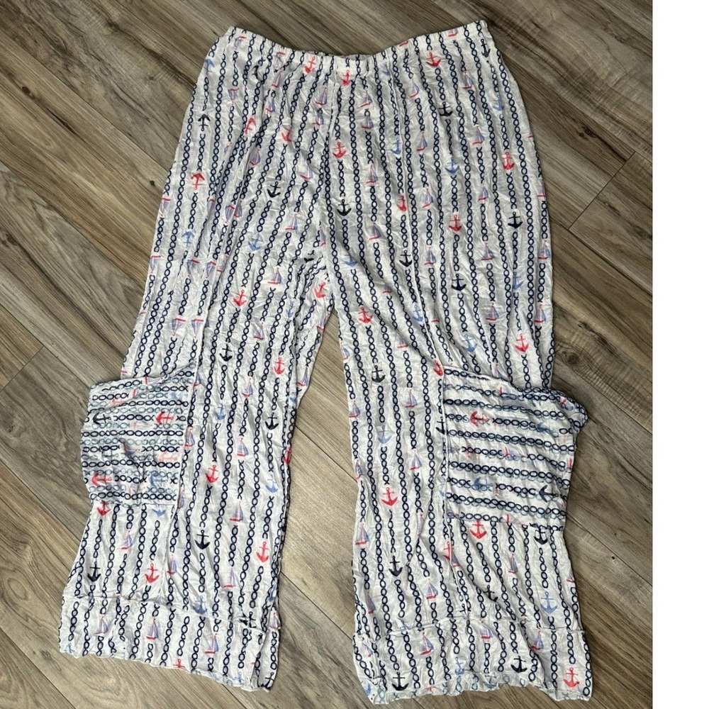 Shana Apparel XXL Nautical Crinkle Print Seamed Wide Leg Pants Sailboat Anchor